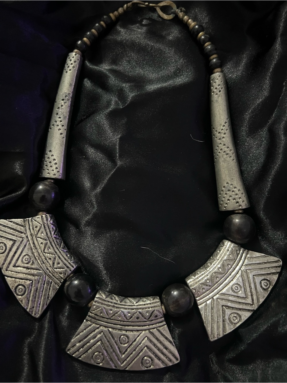 Vintage INDIA Handmade Tribal Statement Necklace Silver Tone Black Geometric